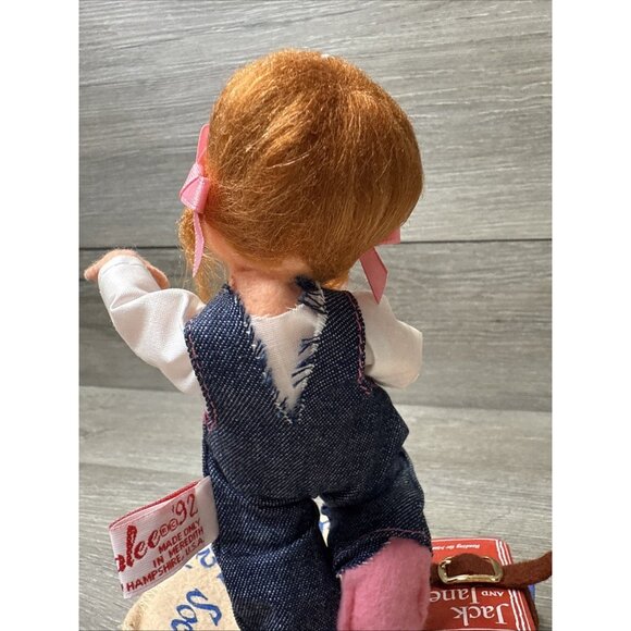Annalee Doll Society Logo 1992 School Girl Denim Overalls Books Apple Sun Pin - Picture 9 of 12